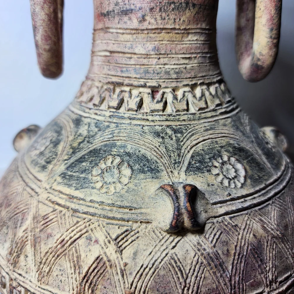 Vintage Tribal Style Ceramic Red Clay Vase. Pottery Decorative Vase - Picture 7 of 9